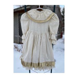 Vintage Miele Formal Dress Ivory Faille Gold Metallic Ruffle Bow Party Occasion